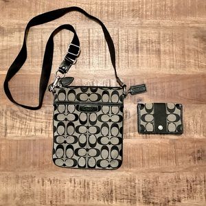 Coach Signature Black & Gray Crossbody Bag + Signature Canvas / Leather Wallet